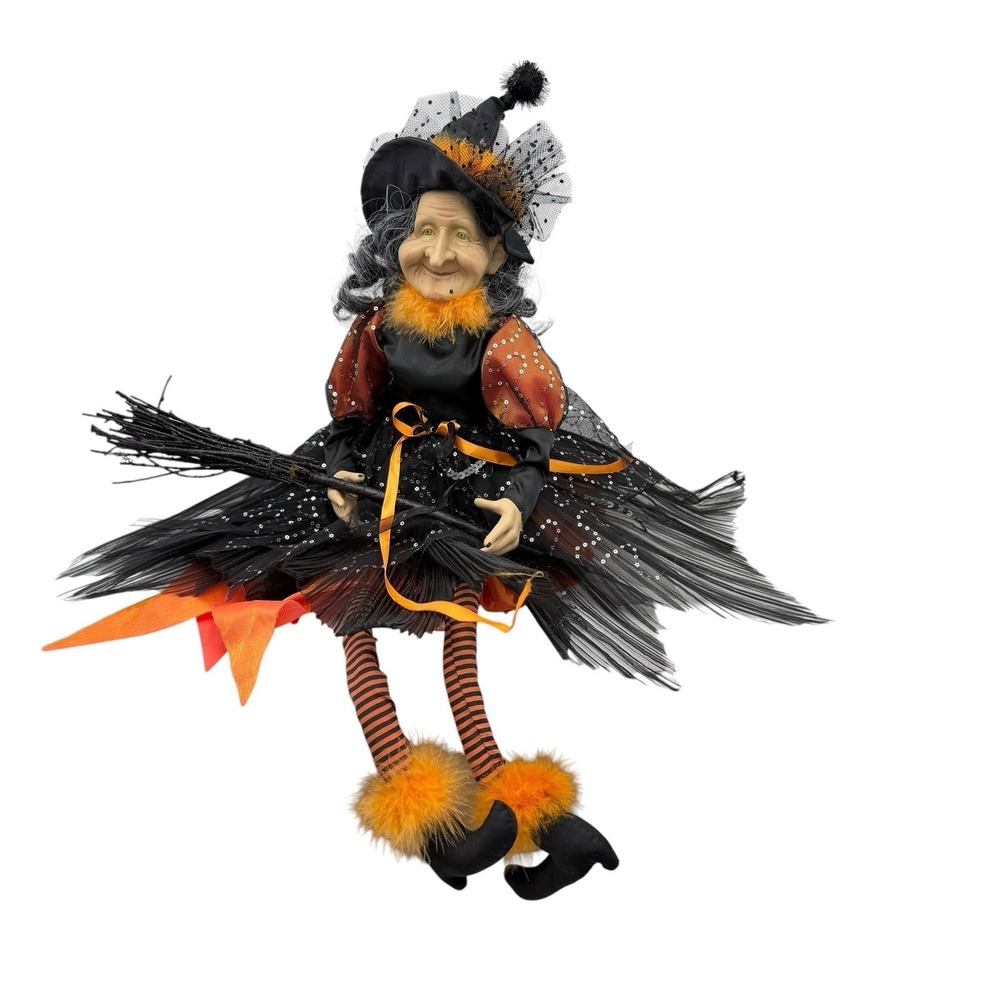 Halloween Old Witch W/Broom Orange Black Dress Sitting Doll Fall Autumn 30" EUC